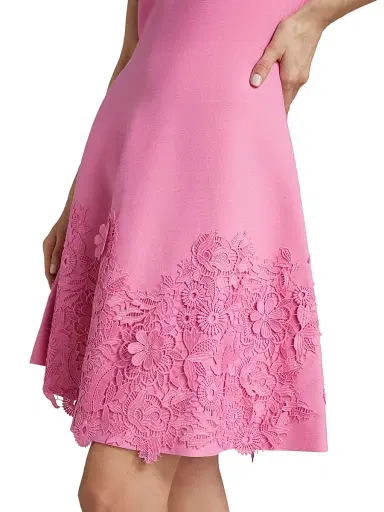 Teri Jon by Rickie Freeman Women's Lace Trim Fit-&-Flare Cocktail Dress - Carnation Pink - Size Large | Thumbnail 6