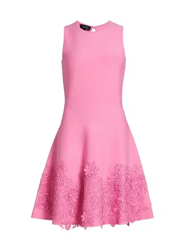 Teri Jon by Rickie Freeman Women's Lace Trim Fit-&-Flare Cocktail Dress - Carnation Pink - Size Large | Thumbnail 1