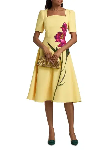 Teri Jon by Rickie Freeman Women's Flower Scuba A-Line Midi-Dress - Yellow Multi - Size 16 | Thumbnail 2