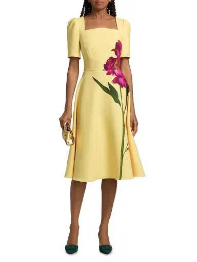 Teri Jon by Rickie Freeman Women's Flower Scuba A-Line Midi-Dress - Yellow Multi - Size 16 | Thumbnail 3