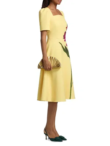 Teri Jon by Rickie Freeman Women's Flower Scuba A-Line Midi-Dress - Yellow Multi - Size 16 | Thumbnail 4
