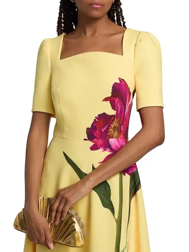 Teri Jon by Rickie Freeman Women's Flower Scuba A-Line Midi-Dress - Yellow Multi - Size 16 | Thumbnail 6