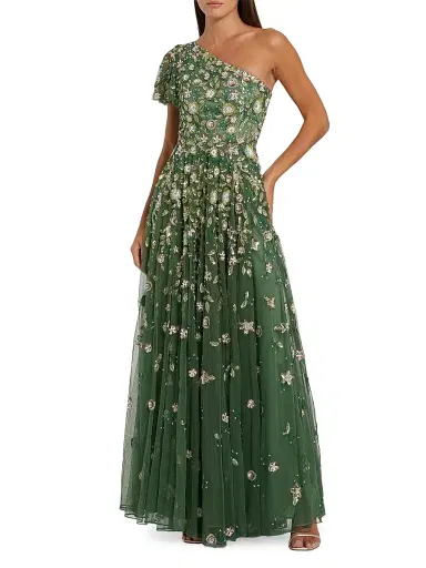 Mac Duggal Women's Floral-Sequined Mesh One-Shoulder Gown - Sage - Size 16 | Thumbnail 1 Mac Duggal Women's Floral-Sequined Mesh One-Shoulder Gown - Sage - Size 16 | Thumbnail 1