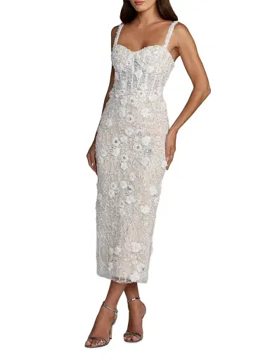 Mac Duggal Women's Beaded Embroidery Fitted Midi-Dress - Ivory Beige - Size 12 | Thumbnail 1 Mac Duggal Women's Beaded Embroidery Fitted Midi-Dress - Ivory Beige - Size 12 | Thumbnail 1