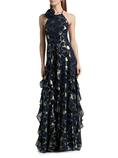 Ramy Brook Women's Idella Daisy Metallic Jacquard Gown - Navy Jacquard - Size 12 | Thumbnail 3