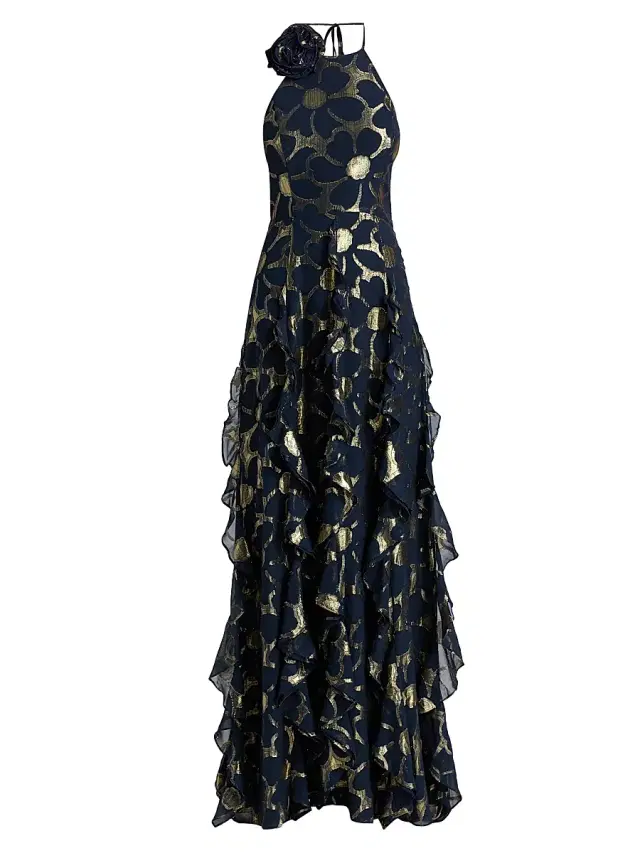 Women's Idella Daisy Metallic Jacquard Gown - Navy Jacquard