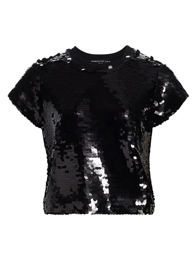 Generation Love Women's Kai Pailette Sequined Short-Sleeve Top - Black