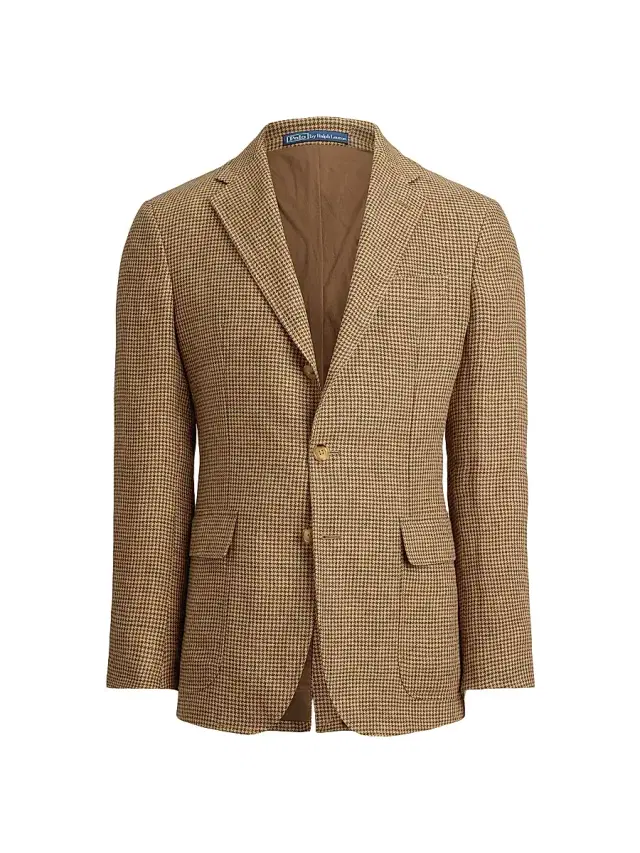 Polo Ralph Lauren Men's Houndstooth Overcheck Linen Blazer - Tan Brown