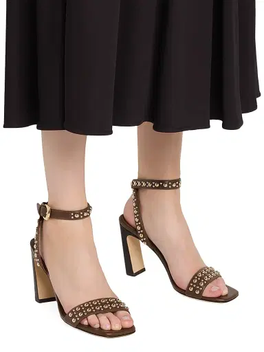Stuart Weitzman Women's Perry 85MM Studded Leather Sandals - Cigar | Thumbnail 2