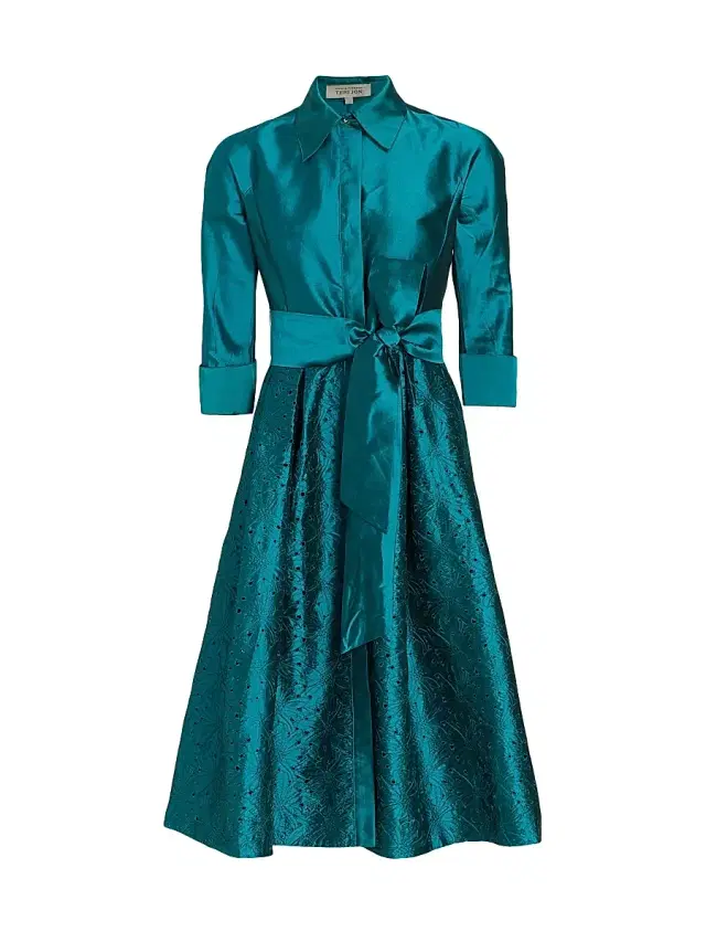 Teri Jon by Rickie Freeman Women's Taffeta Laser Cut Shirtdress - Teal