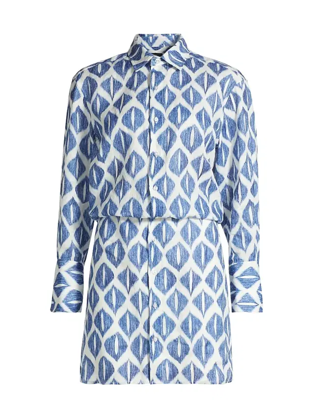 If Only Studio Women's Ikat-Inspired Printed Linen Shirtdress - Blue White