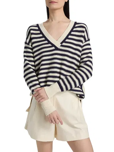 TANYA TAYLOR Women's Ashby Striped Cotton-Blend Sweater - Cream Maritime Blue Multi - Size XL | Thumbnail 3 TANYA TAYLOR Women's Ashby Striped Cotton-Blend Sweater - Cream Maritime Blue Multi - Size XL | Thumbnail 3