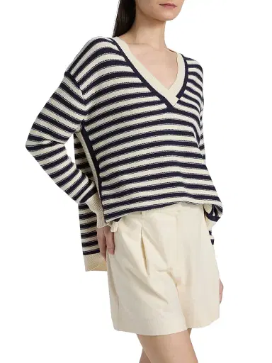 TANYA TAYLOR Women's Ashby Striped Cotton-Blend Sweater - Cream Maritime Blue Multi - Size XL | Thumbnail 4 TANYA TAYLOR Women's Ashby Striped Cotton-Blend Sweater - Cream Maritime Blue Multi - Size XL | Thumbnail 4