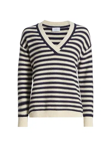 TANYA TAYLOR Women's Ashby Striped Cotton-Blend Sweater - Cream Maritime Blue Multi - Size XL | Thumbnail 1 TANYA TAYLOR Women's Ashby Striped Cotton-Blend Sweater - Cream Maritime Blue Multi - Size XL | Thumbnail 1