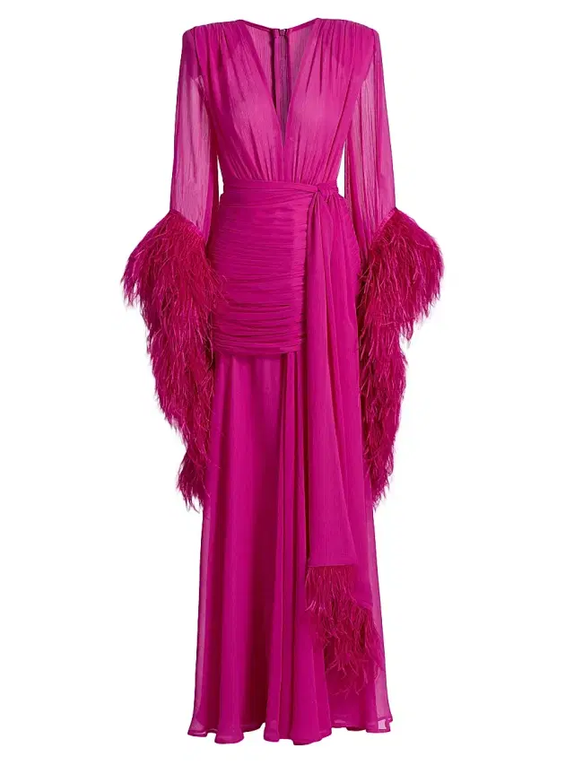 Bronx Banco Women's Geisha Feather-Trim Chiffon Gown - Pink
