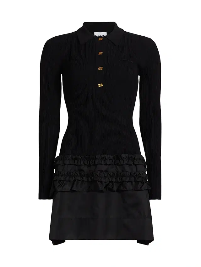 Ganni Women's Mélange Rib-Knit A-Line Minidress - Black