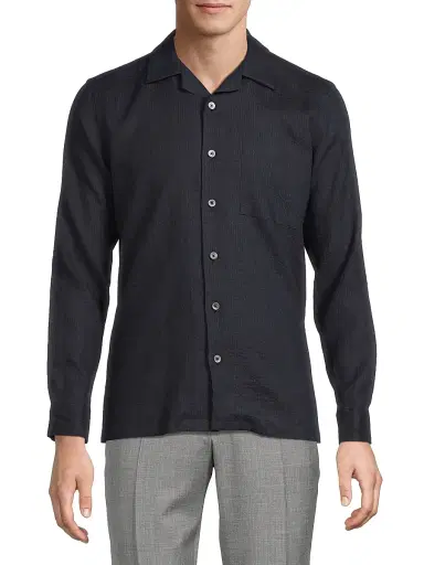 Canali Men's Linen Seersucker Button-Front Shirt - Navy | Thumbnail 3 Canali Men's Linen Seersucker Button-Front Shirt - Navy | Thumbnail 3