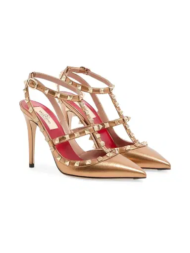 Valentino Garavani Women's Rockstud 100MM Pumps in Laminated Nappa Leather - Gold | Thumbnail 2
