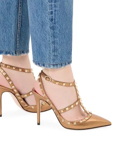 Valentino Garavani Women's Rockstud 100MM Pumps in Laminated Nappa Leather - Gold | Thumbnail 7