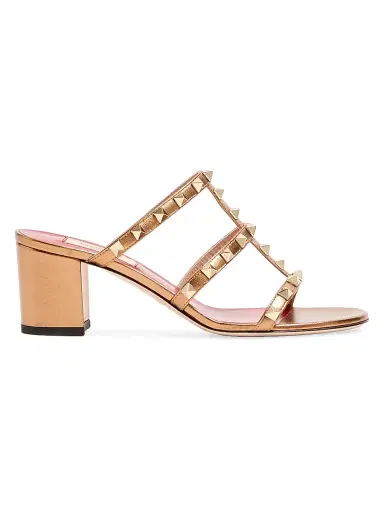 Valentino Garavani Women's Rockstud Slide 60MM Sandals in Laminated Nappa - Gold - Size 12 | Thumbnail 1 Valentino Garavani Women's Rockstud Slide 60MM Sandals in Laminated Nappa - Gold - Size 12 | Thumbnail 1