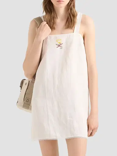 Prada Women's Embroidered Slubbed Fabric Mini Dress - White - Size 10 | Thumbnail 2 Prada Women's Embroidered Slubbed Fabric Mini Dress - White - Size 10 | Thumbnail 2
