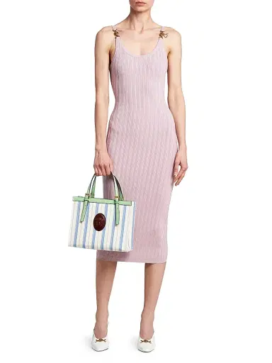 Versace Women's La Vacanza Medium Striped Canvas Tote Bag - Dusty Blue Ivory Mint | Thumbnail 3 Versace Women's La Vacanza Medium Striped Canvas Tote Bag - Dusty Blue Ivory Mint | Thumbnail 3