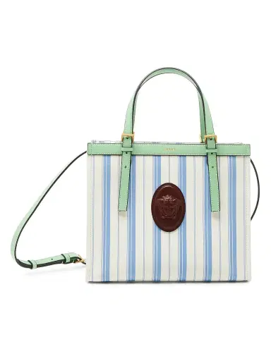 Versace Women's La Vacanza Medium Striped Canvas Tote Bag - Dusty Blue Ivory Mint | Thumbnail 1 Versace Women's La Vacanza Medium Striped Canvas Tote Bag - Dusty Blue Ivory Mint | Thumbnail 1