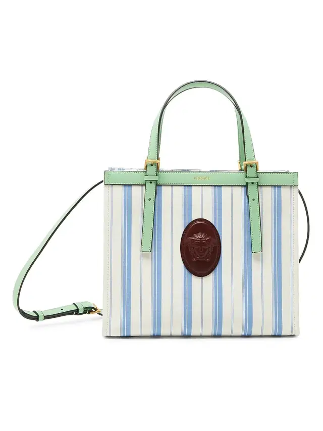 Versace Women's La Vacanza  Striped Canvas Tote Bag - Dusty Blue  Mint