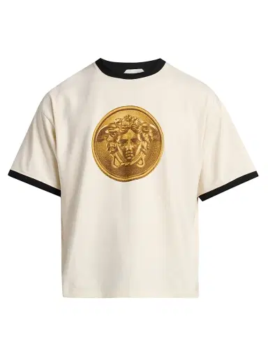 Versace Men's Medusa Gold Coin Cotton T-Shirt - Dirty White - Size XS | Thumbnail 1 Versace Men's Medusa Gold Coin Cotton T-Shirt - Dirty White - Size XS | Thumbnail 1
