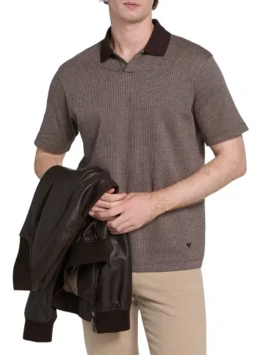Emporio Armani Men's Melange Johnny Collar Polo Shirt - Brown - Size Medium | Thumbnail 3 Emporio Armani Men's Melange Johnny Collar Polo Shirt - Brown - Size Medium | Thumbnail 3
