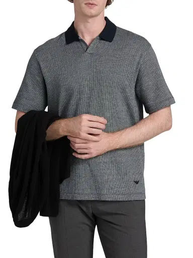 Emporio Armani Men's Melange Johnny Collar Polo Shirt - Navy | Thumbnail 3