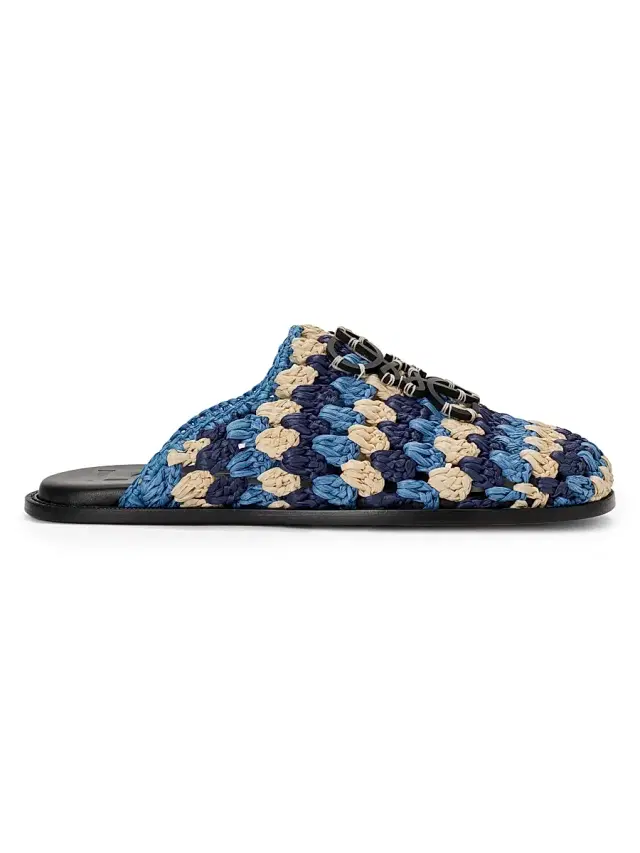 Men's  x Paula's Ibiza Flex Crochet-Raffia Anagram Mules - Navy Sky Blue