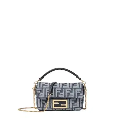 Fendi Iconic mini Baguette® bag made of dark blue denim-effect FF | Thumbnail 1 Fendi Iconic mini Baguette® bag made of dark blue denim-effect FF | Thumbnail 1