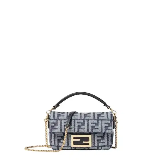 Iconic mini Baguette® bag made of dark blue denim-effect FF