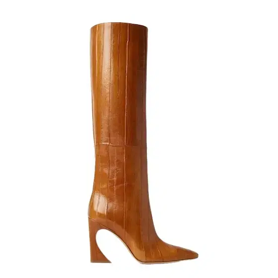 Tubular boots with tapered toe and high heel featuring