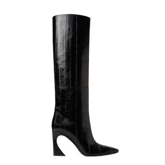 Tubular boots with tapered toe and high heel featuring