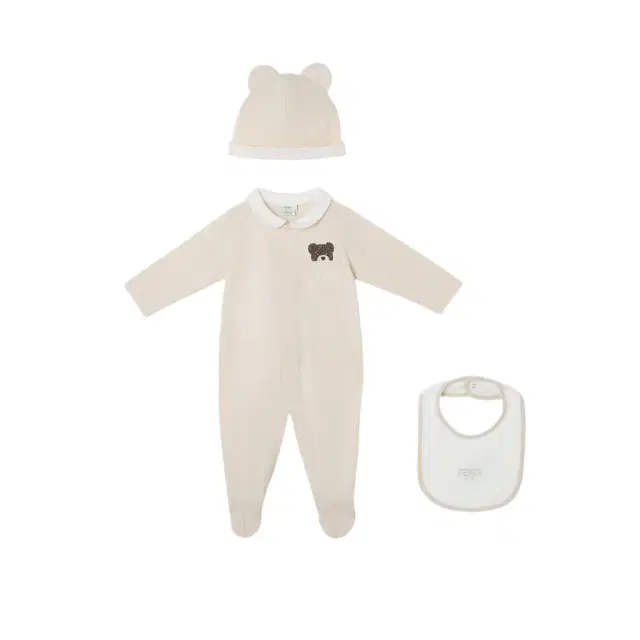 Fendi Baby set in beige jersey with white collar, teddy bear