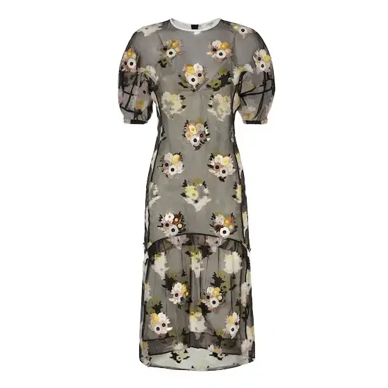 Midi dress fitted at the waist with crew-neck and short