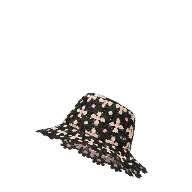 Bucket hat made of black raffia in a floral crochet