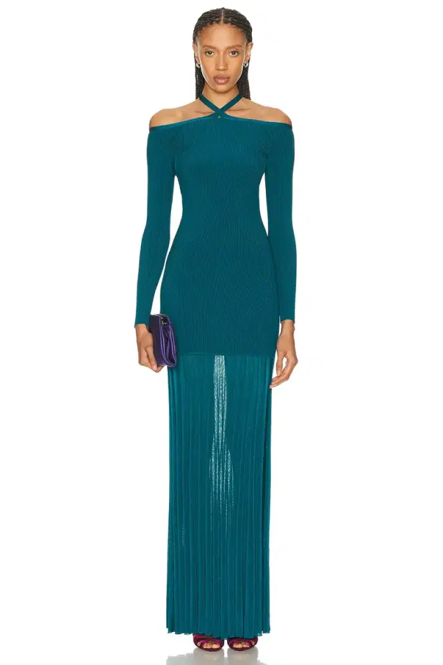 Christopher John Rogers Off-The-Shoulder Long Sleeve Knit Gown