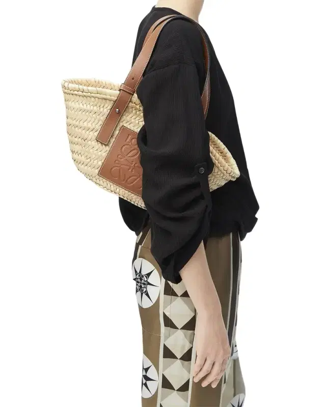 Loewe x Paula's Ibiza Basket Small Bag in Palm Leaf with Leather Handles