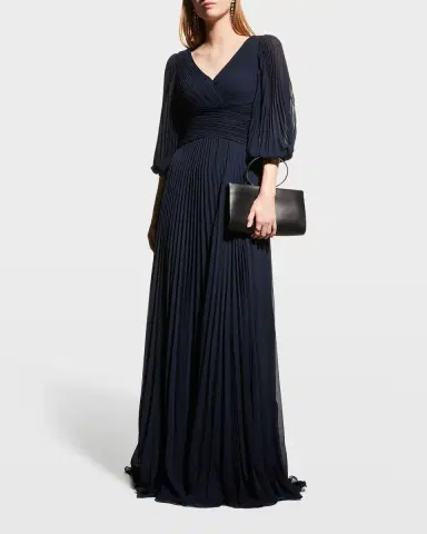 Rickie Freeman for Teri Jon V-Neck Puff-Sleeve Pleated Chiffon Gown | Thumbnail 2 Rickie Freeman for Teri Jon V-Neck Puff-Sleeve Pleated Chiffon Gown | Thumbnail 2