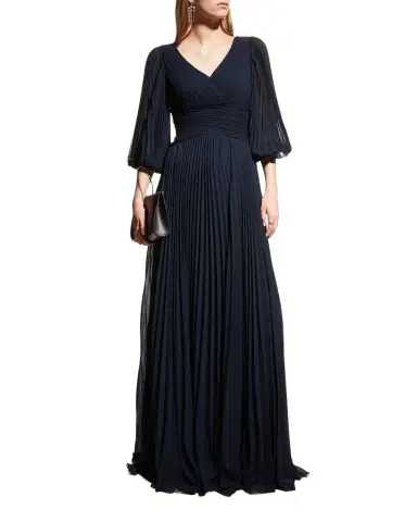 Rickie Freeman for Teri Jon V-Neck Puff-Sleeve Pleated Chiffon Gown | Thumbnail 1 Rickie Freeman for Teri Jon V-Neck Puff-Sleeve Pleated Chiffon Gown | Thumbnail 1