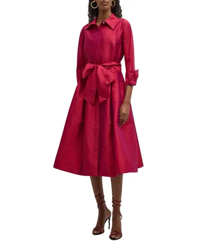 3/4-Sleeve Belted Midi Shirtdress