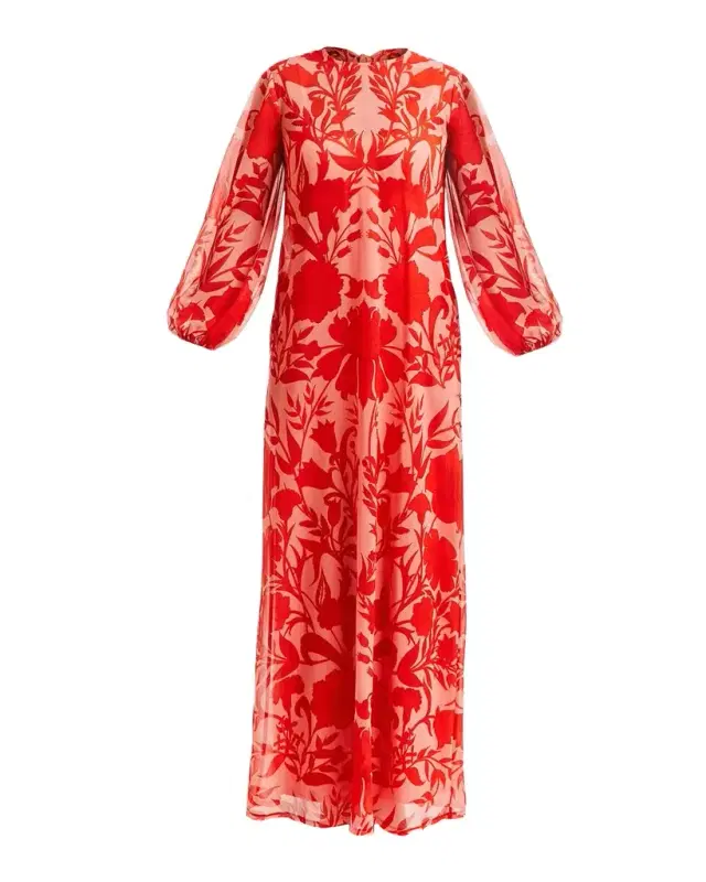 Luzon Blouson-Sleeve Floral-Print Chiffon Gown