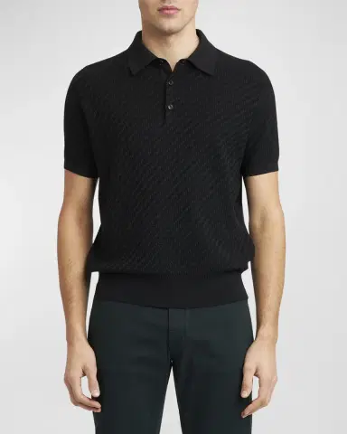 Brioni Men's Basketweave Stitch Polo Sweater | Thumbnail 4 Brioni Men's Basketweave Stitch Polo Sweater | Thumbnail 4