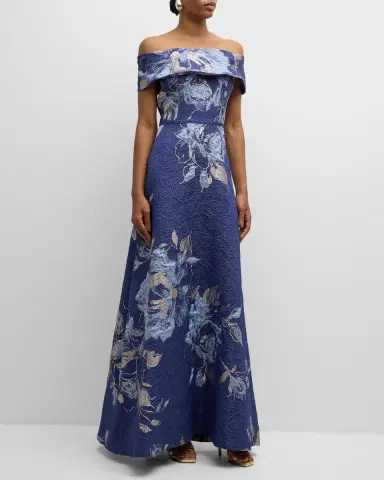 Rickie Freeman for Teri Jon Off-Shoulder Metallic Flower Jacquard Gown | Thumbnail 2