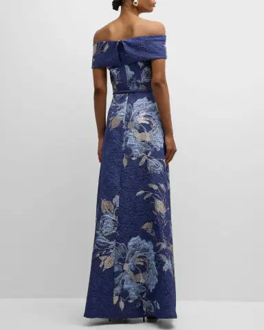 Rickie Freeman for Teri Jon Off-Shoulder Metallic Flower Jacquard Gown | Thumbnail 4