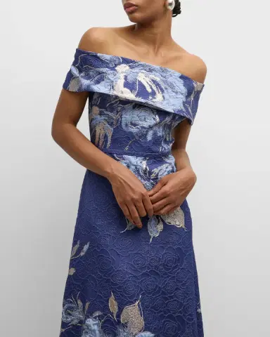 Rickie Freeman for Teri Jon Off-Shoulder Metallic Flower Jacquard Gown | Thumbnail 5