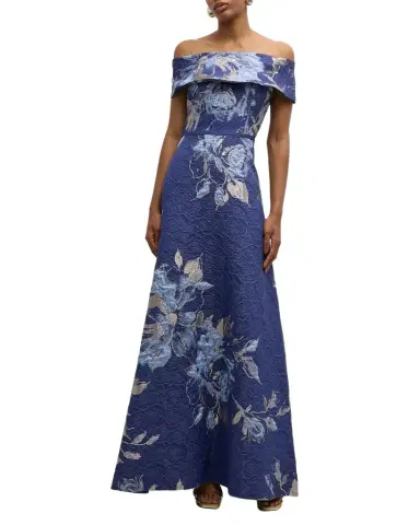 Rickie Freeman for Teri Jon Off-Shoulder Metallic Flower Jacquard Gown | Thumbnail 1